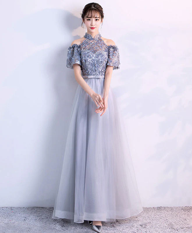 Unique Gray Tulle Applique Long Prom Dress, Gray Tulle Evening Dress - Deanwangkt