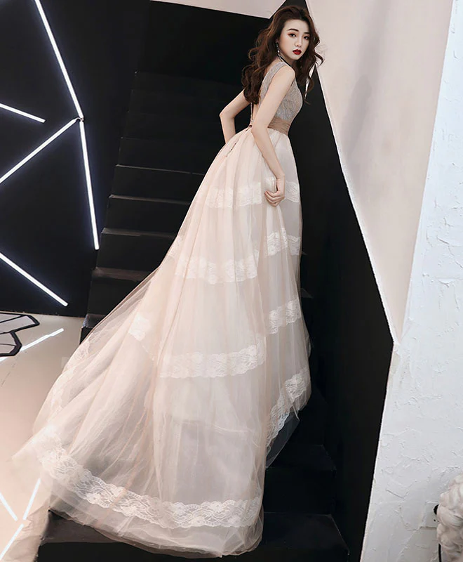 Unique V Neck Tulle Lace Long Prom Dress Tulle Lace Formal Dress - Deanwangkt