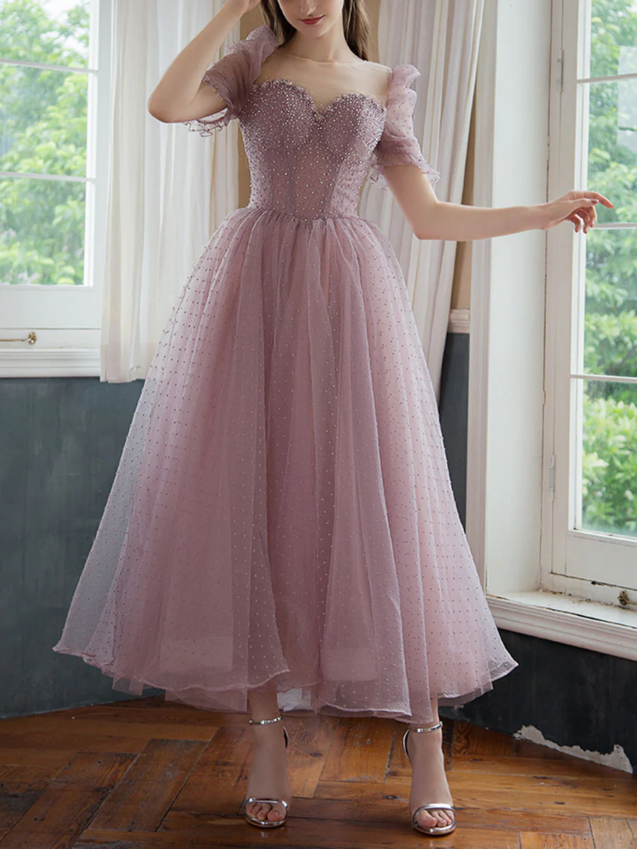 Sweetheart Tulle Beads Tea Length Pink Prom Dress, Tulle Homecoming Dress - Deanwangkt