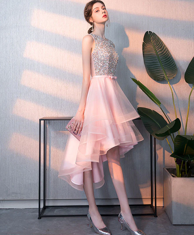 Pink Tulle Sequin Short Prom Dress, Pink Homecoming Dress - Deanwangkt