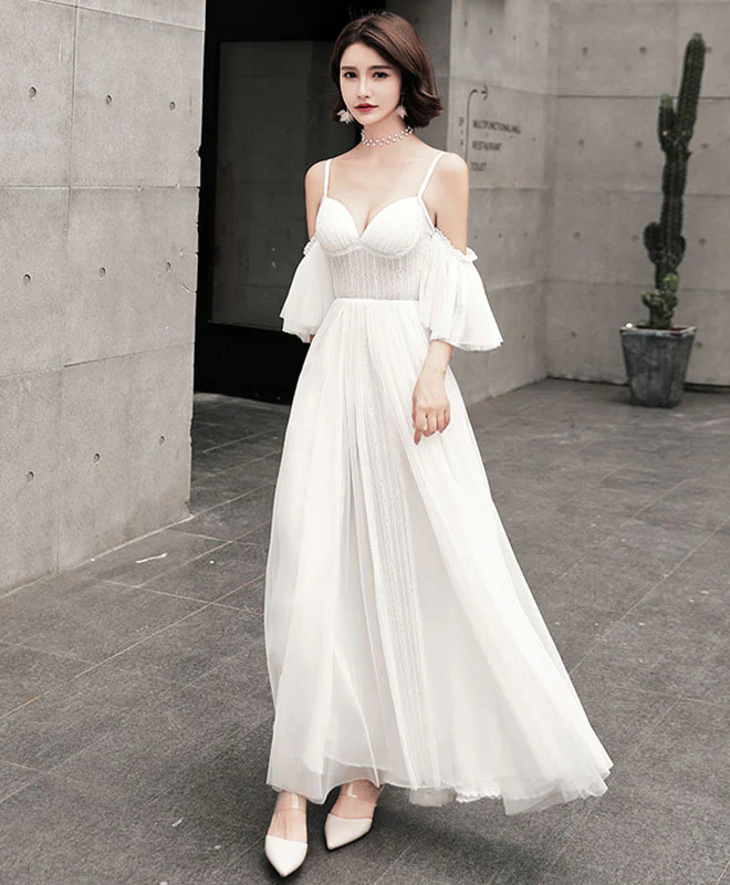 Unique Tulle Long Prom Dress, White Evening Dress - Deanwangkt