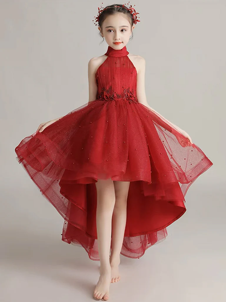 Burgundy Tulle High Low Short Flower Girl Dress with Lace Applique - Deanwangkt