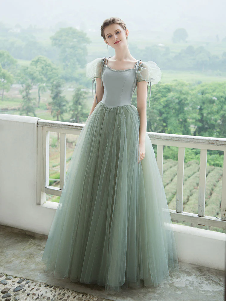 Simple Green Tulle Long Prom Dress, Green Tulle Evening Dress - Deanwangkt