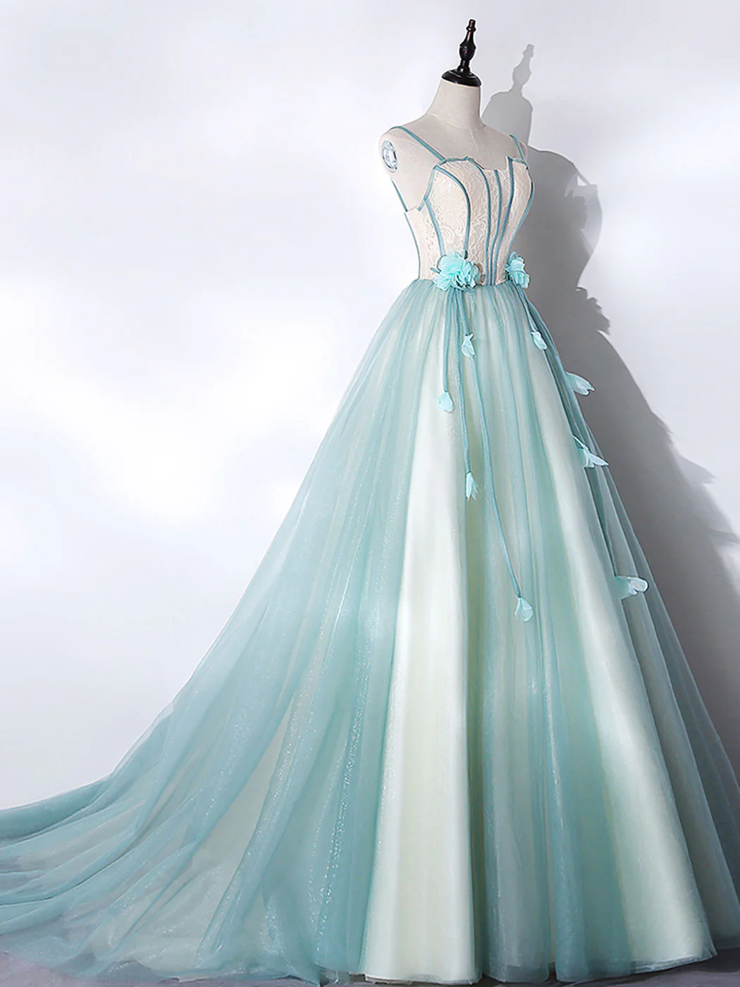 A-Line Tulle Green Long Prom Dress, Green Graduation Dress with Sweep Train - Deanwangkt