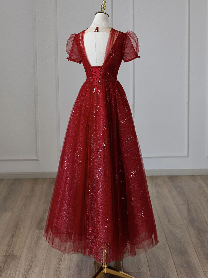 V Neck Tulle Sequin Tea Length Burgundy Prom Dress, Burgundy Evening Dress - Deanwangkt