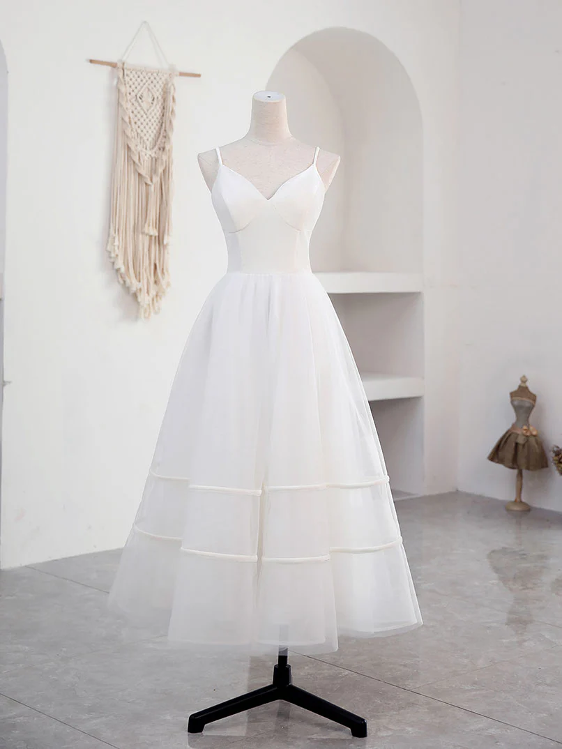 Simple V Neck Tulle Tea Length White Prom Dress, White Bridesmaid Dress - Deanwangkt