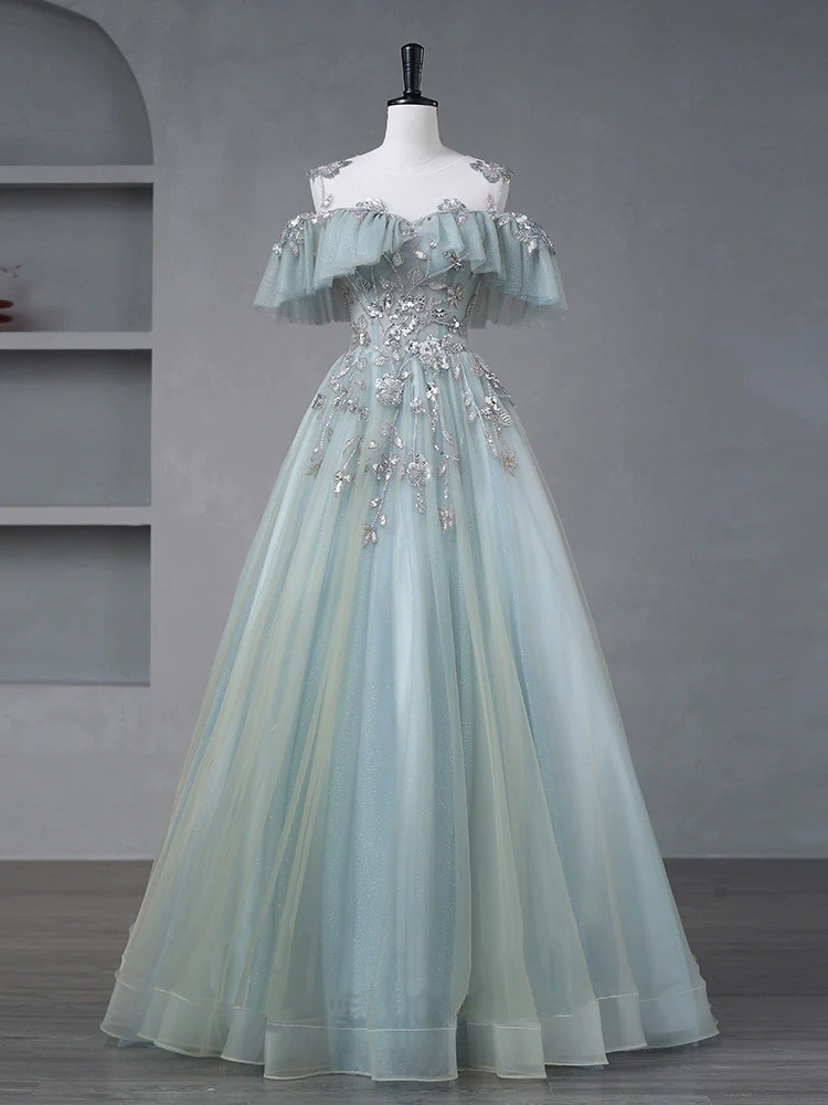 A-Line Blue Tulle sequin Lace Long Prom Dress, Blue Lace Sweet 16 Dress - Deanwangkt