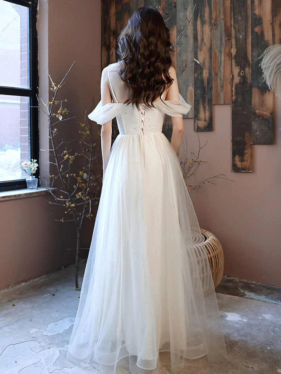 Simple White Off Shoulder Tulle Long Prom Dress, White Formal Dresses - Deanwangkt
