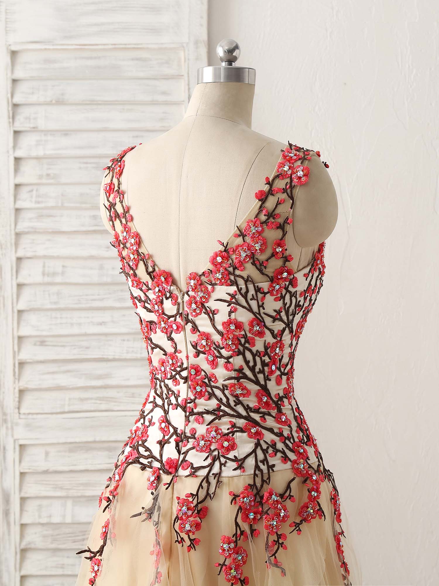 Champagne Tulle Long Prom Dress Lace Applique Evening Dress - Deanwangkt