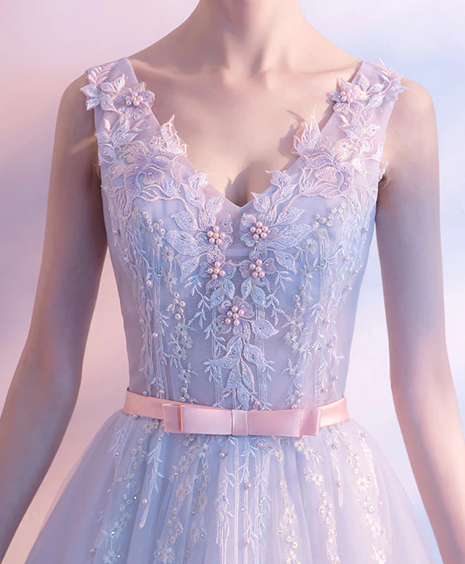 Gray Tulle Lace V Neck Long Prom Dress, Evening Dress - Deanwangkt