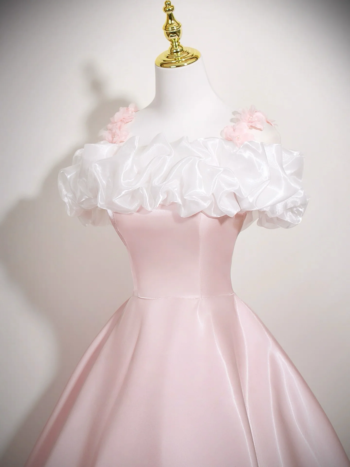 A-Line Off Shoulder Satin Pink Long Prom Dress, Pink Long Formal Dress - Deanwangkt