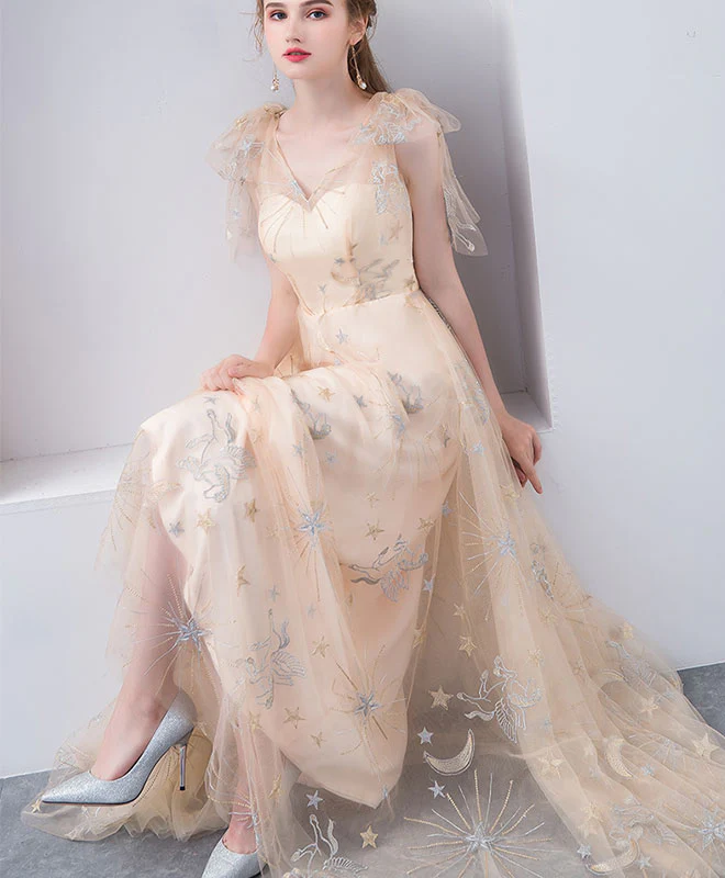 Champagne Tulle V Neck Long Prom Dress, Champagne Tulle Evening Dress - Deanwangkt