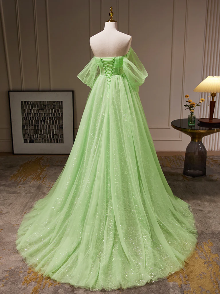 A-Line Sweetheart Neck Tulle Green Long Prom Dress, Green Tulle Long Evening Dress - Deanwangkt