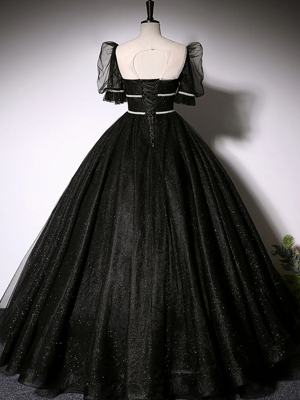 Black Scoop Neckline Long Prom Dress, Shiny Tulle Black Evening Dress - Deanwangkt