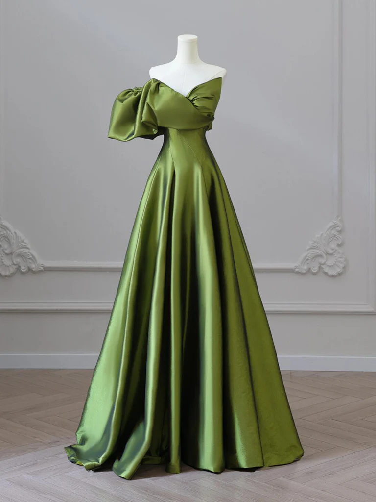 A-Line V Neck Satin Green Long Prom Dress, Green Long Formal Dress - Deanwangkt