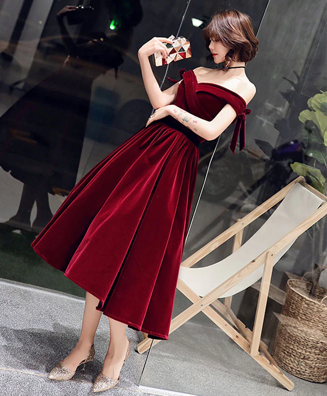 Velvet Off Shoulder Burgundy Prom Dresses, Velvet Homecoming Dresses - Deanwangkt