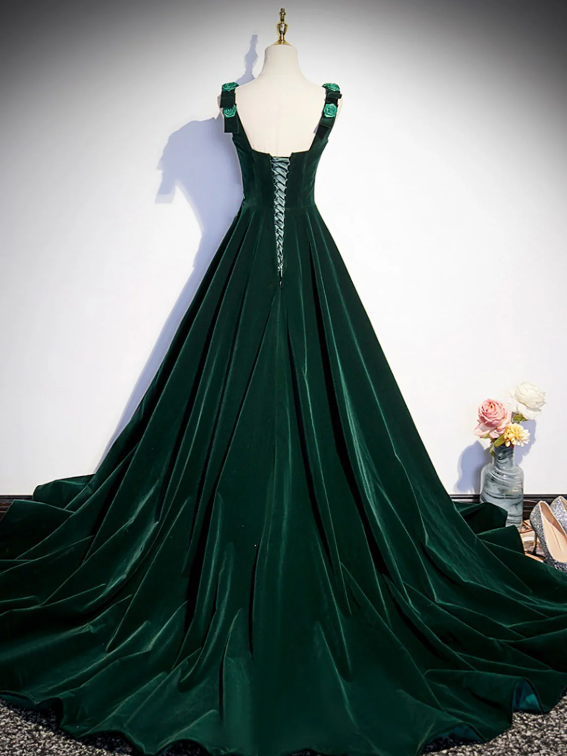 A-Line Velvet Green Long Prom Dresses, Green Formal Evening Dresses - Deanwangkt