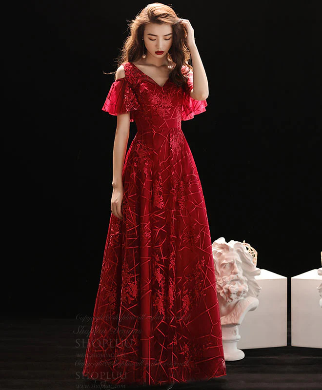 Burgundy V Neck Lace Long Prom Dress, Burgundy Evening Dress - Deanwangkt