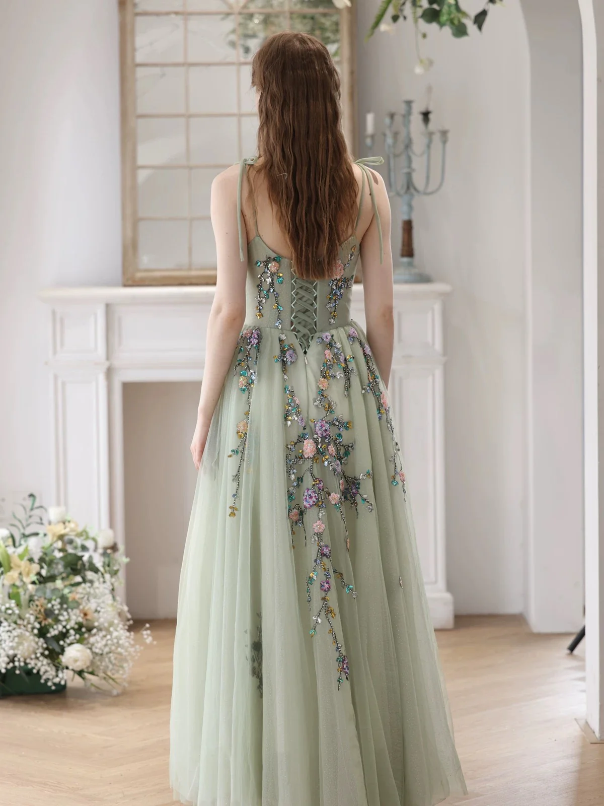 A-Line Tulle Sequin Lace Green Long Prom Dress, Green Long Formal Dress - Deanwangkt
