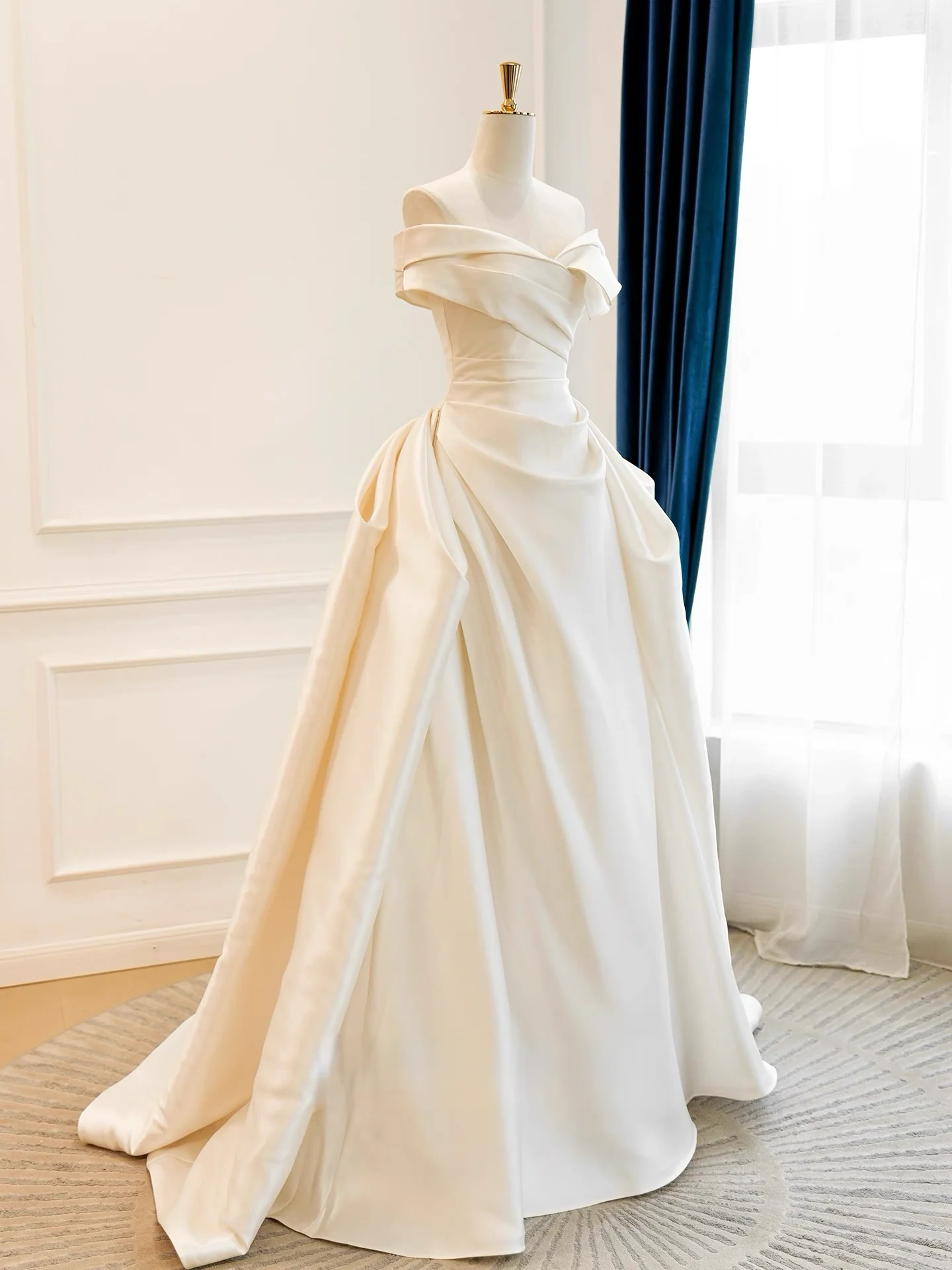 A-Line Off Shoulder Satin Light Champagne Long Prom Dress, Light Champagne Formal Dress - Deanwangkt