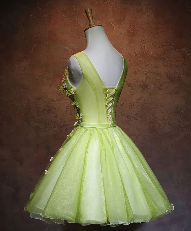 Green V Neck Tulle Short Prom Dress, Green Homecoming Dress - Deanwangkt