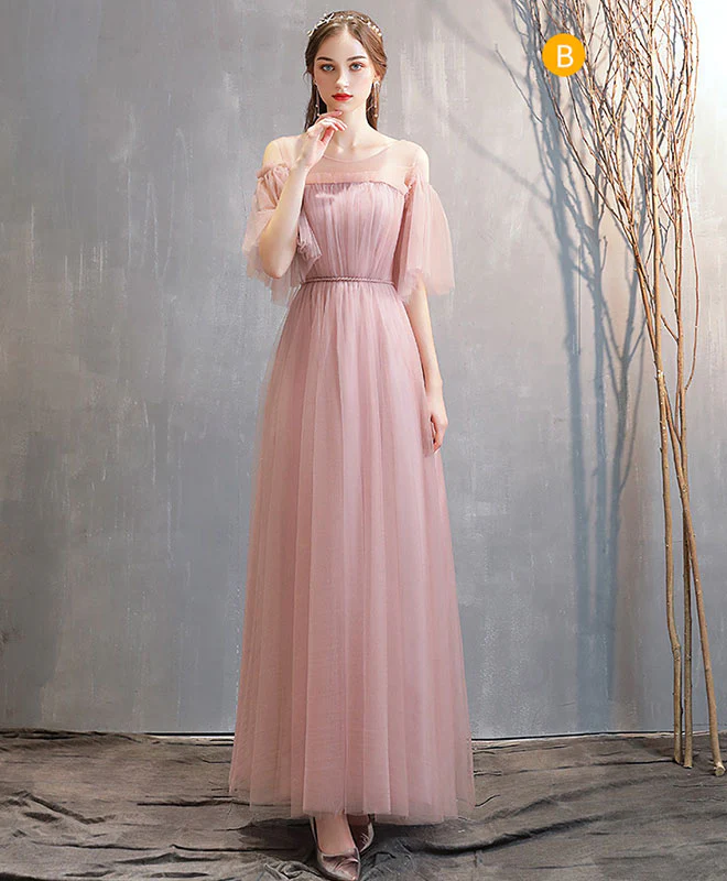 Simple Pink Tulle Long Prom Dress Pink Tulle Bridesmaid Dress - Deanwangkt