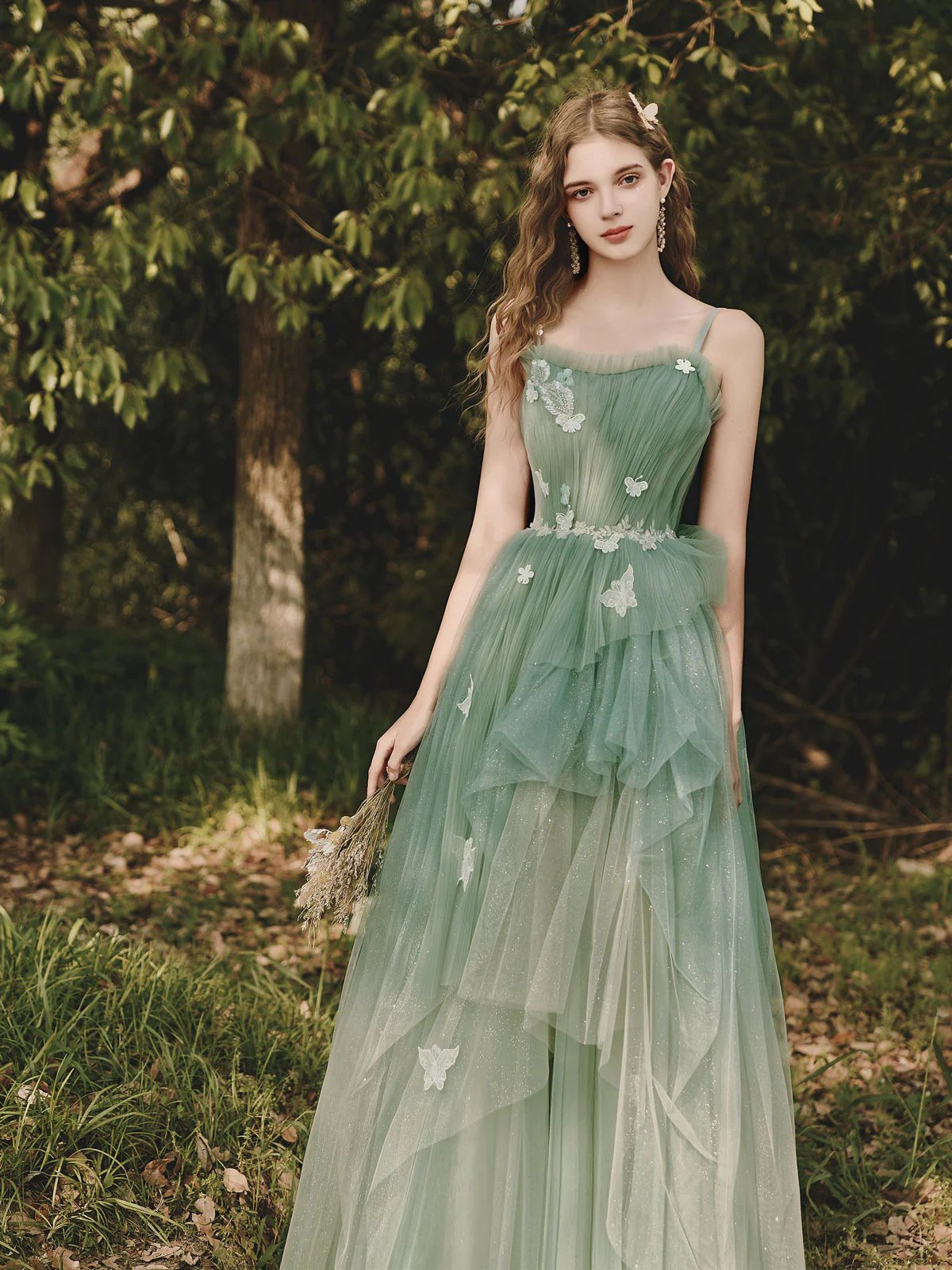 Green Tulle Lace Long Prom Dress, Green A line Formal Party Dress with Applique - Deanwangkt