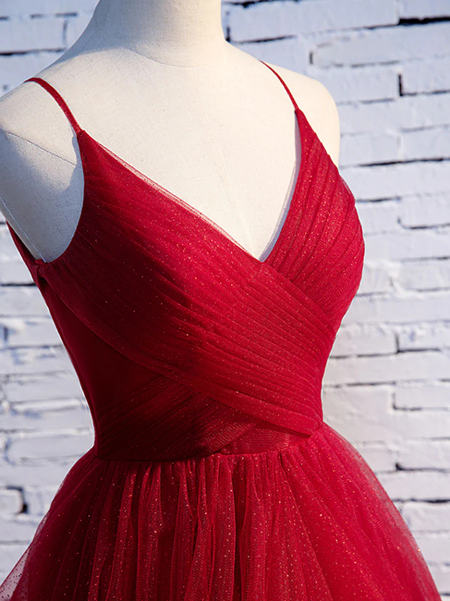 Simple V Neck Tulle Burgundy Long Prom Dress, Burgundy Formal Graduation Dresses - Deanwangkt