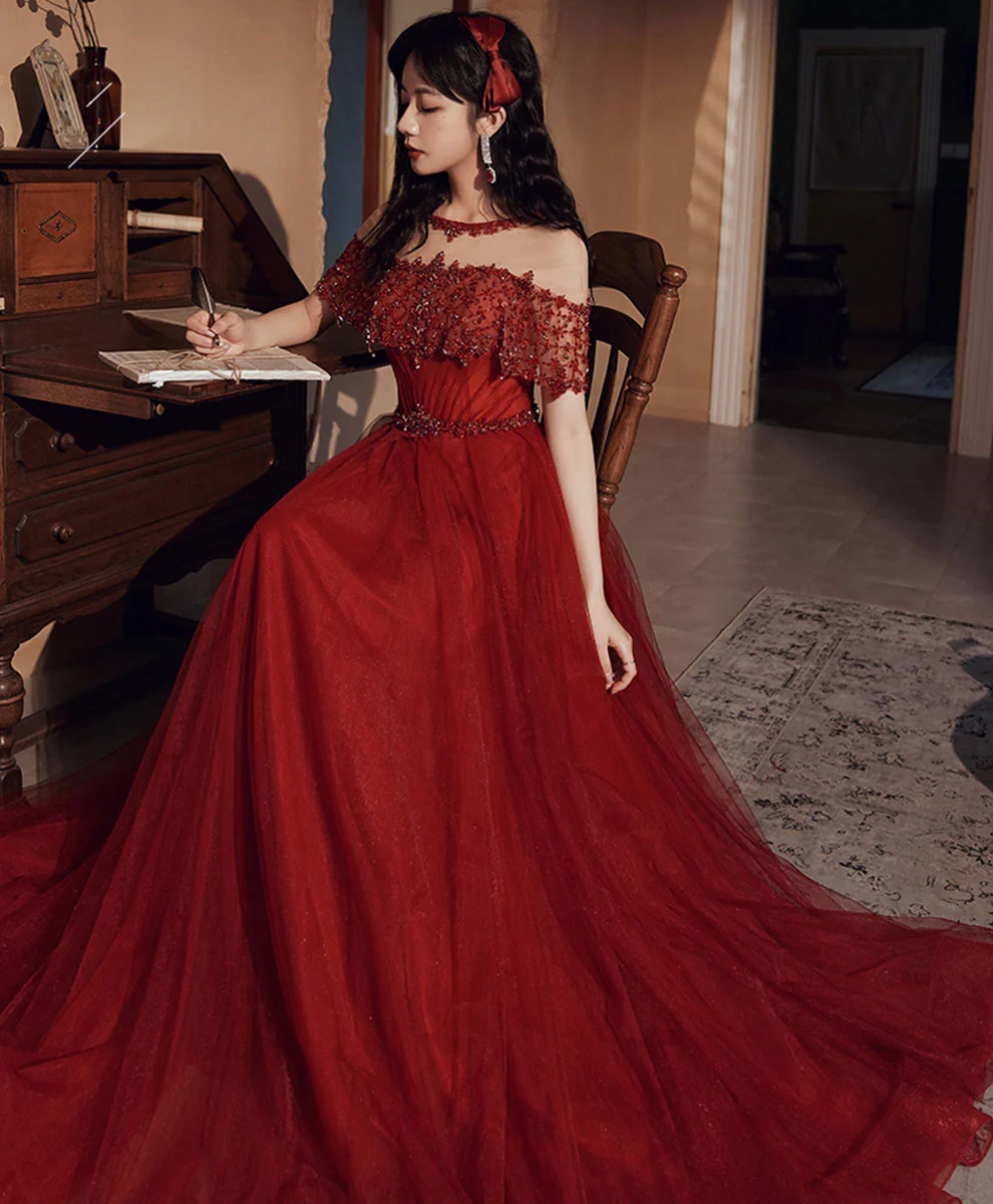 Burgundy Round Neck Beads Tulle Long Prom Dress, Burgundy Graduation Dresses - Deanwangkt