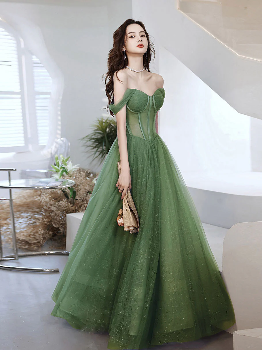 Green Sweetheart Neck Tulle Long Prom Dress, Green A line Formal Dresses - Deanwangkt