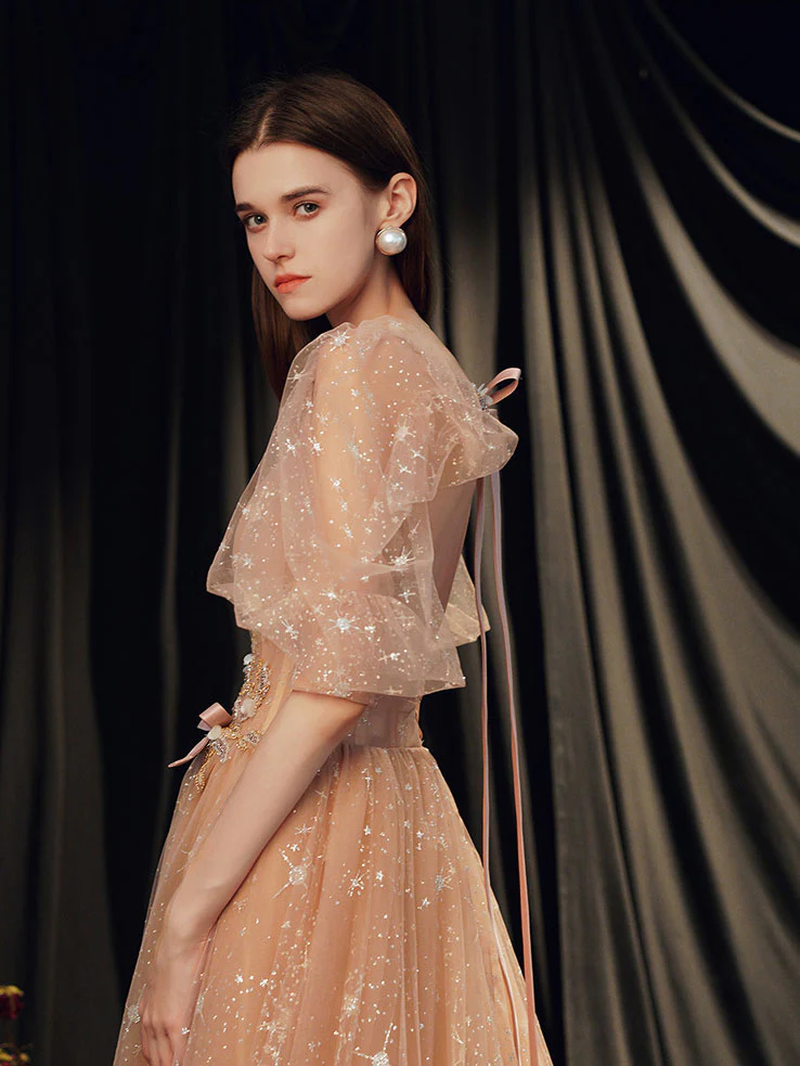 Champagne A-line Tulle Long Prom Dress Champagne Evening Dress - Deanwangkt