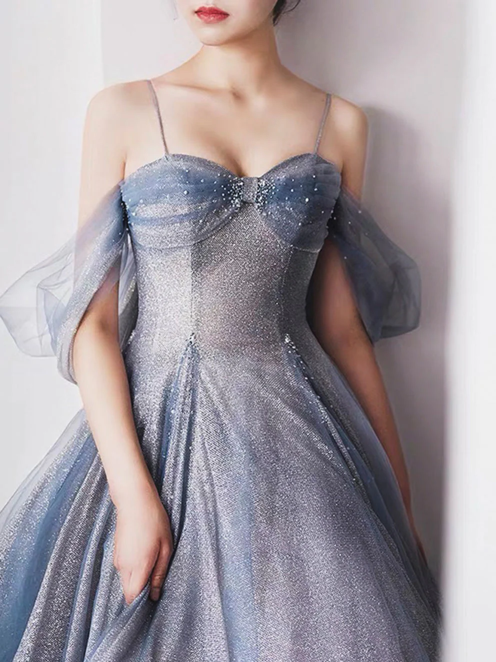 Gray Blue Tulle Tea Length Prom Dress, Blue A line Formal Dresses - Deanwangkt
