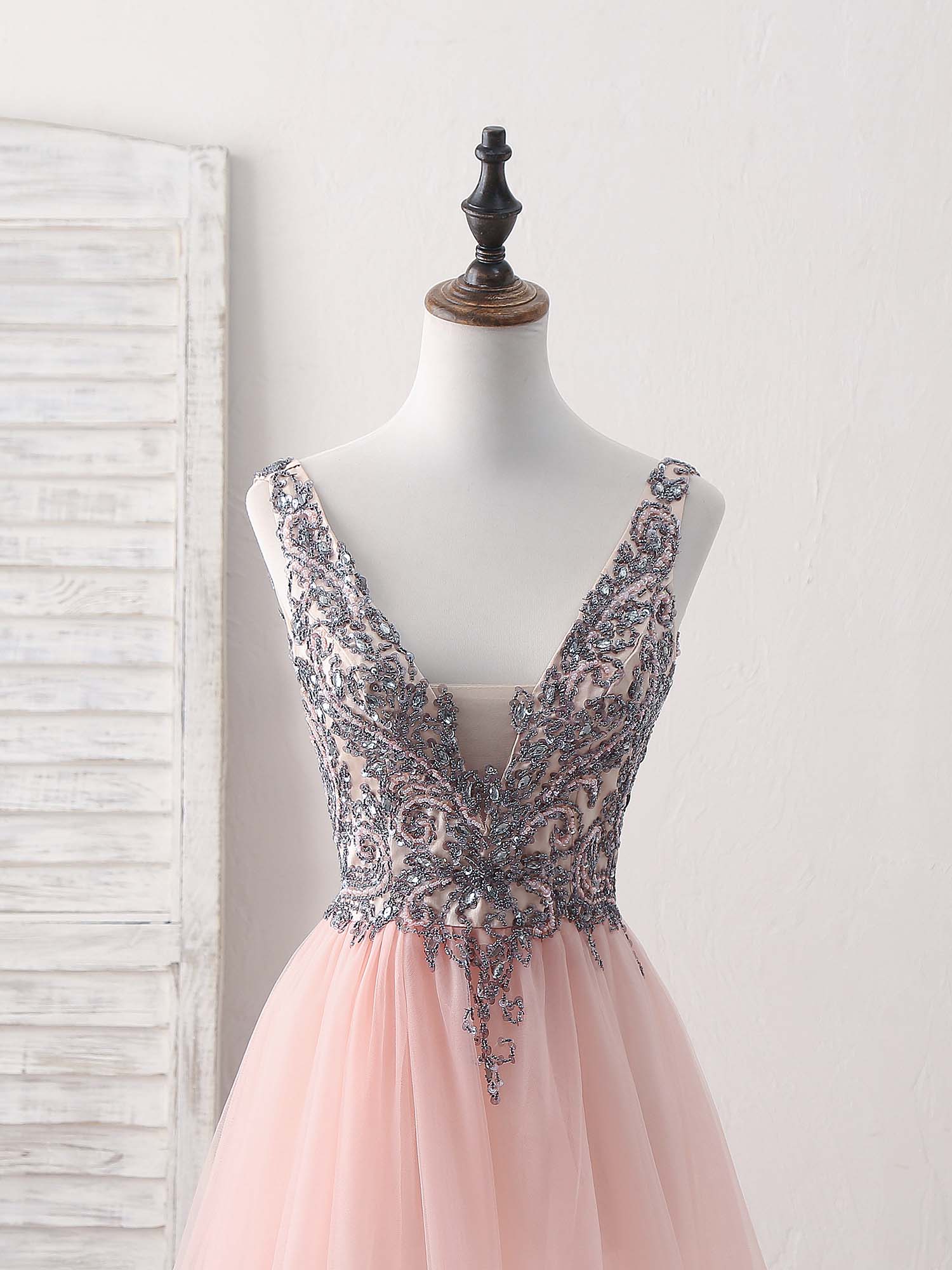Pink V Neck Tulle Beads Long Prom Dress, Pink Evening Dress - Deanwangkt
