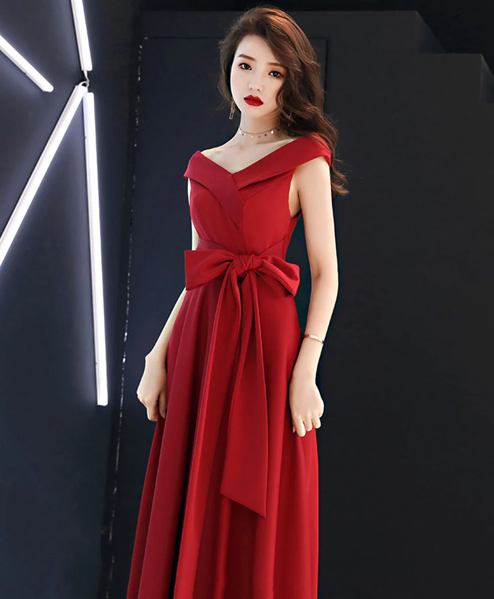Red V Neck Long Prom Dress, Red Formal Party Dress - Deanwangkt