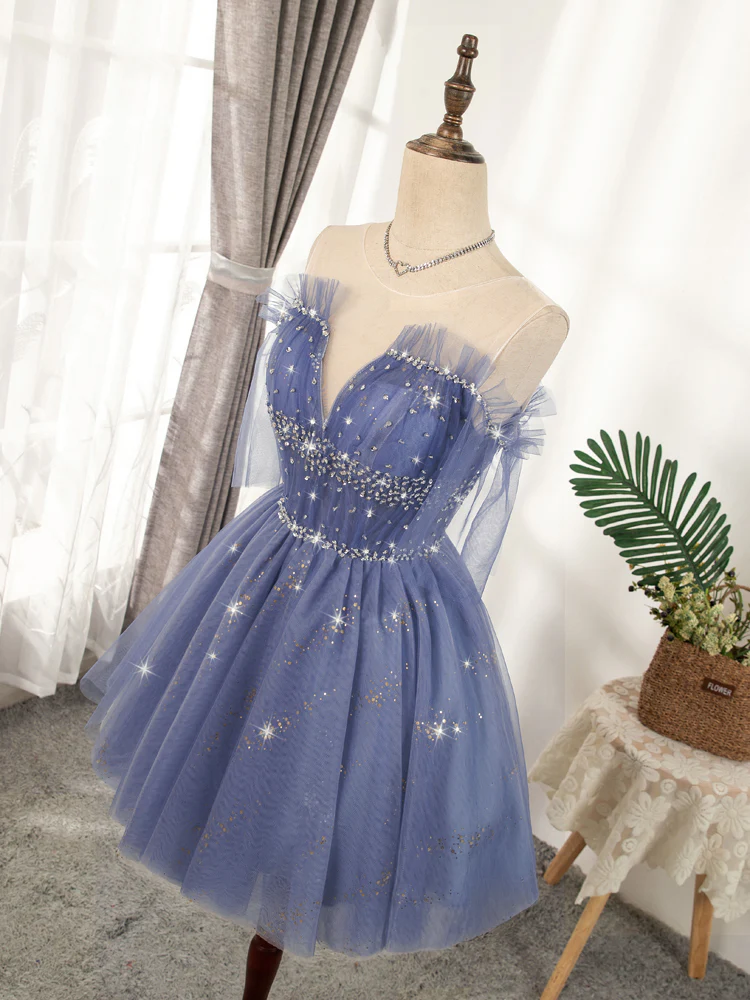 Blue Tulle Sequin Short Prom Dress, Puffy Blue Homecoming Dress - Deanwangkt
