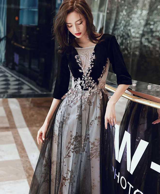 Black Round Neck Tulle Long Prom Dress Black Evening Dress - Deanwangkt
