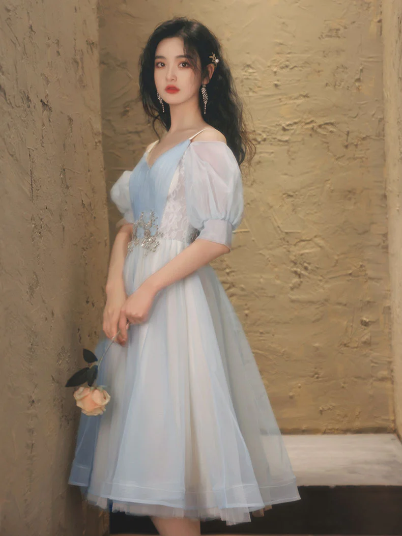 Blue A-line Tulle Lace Short Prom Dress, Blue Homecoming Dress - Deanwangkt