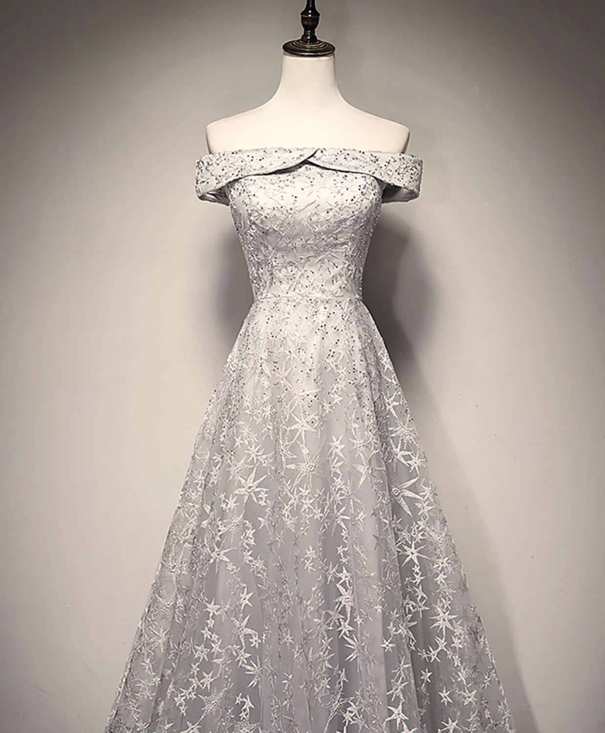 Gray White Tulle Lace Long Prom Dress Tulle Lace Formal Dress - Deanwangkt