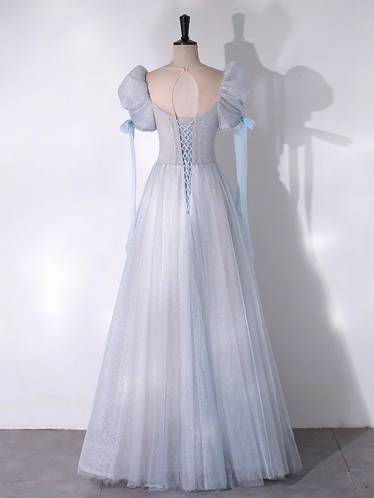 A-Line Scoop Neckline Tulle Light Blue Long Prom Dress with Beads - Deanwangkt