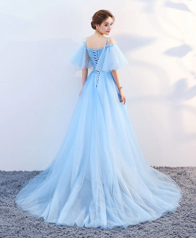 Stylish Sky Blue Tulle Long Prom Dress, Evening Dress - Deanwangkt