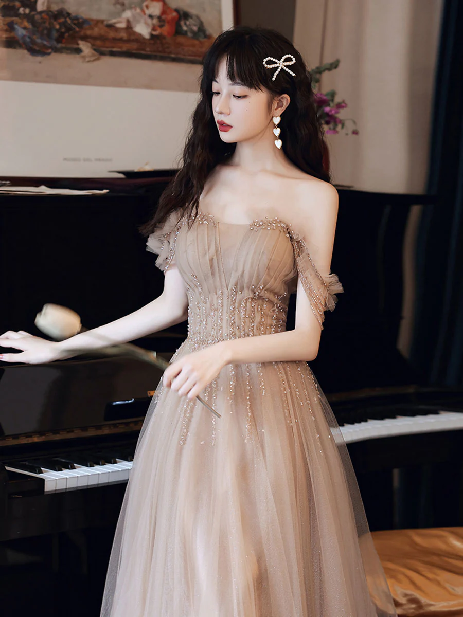 Champagne A line Tulle Beads Long Prom Dress, Champagne Evening Dresses - Deanwangkt