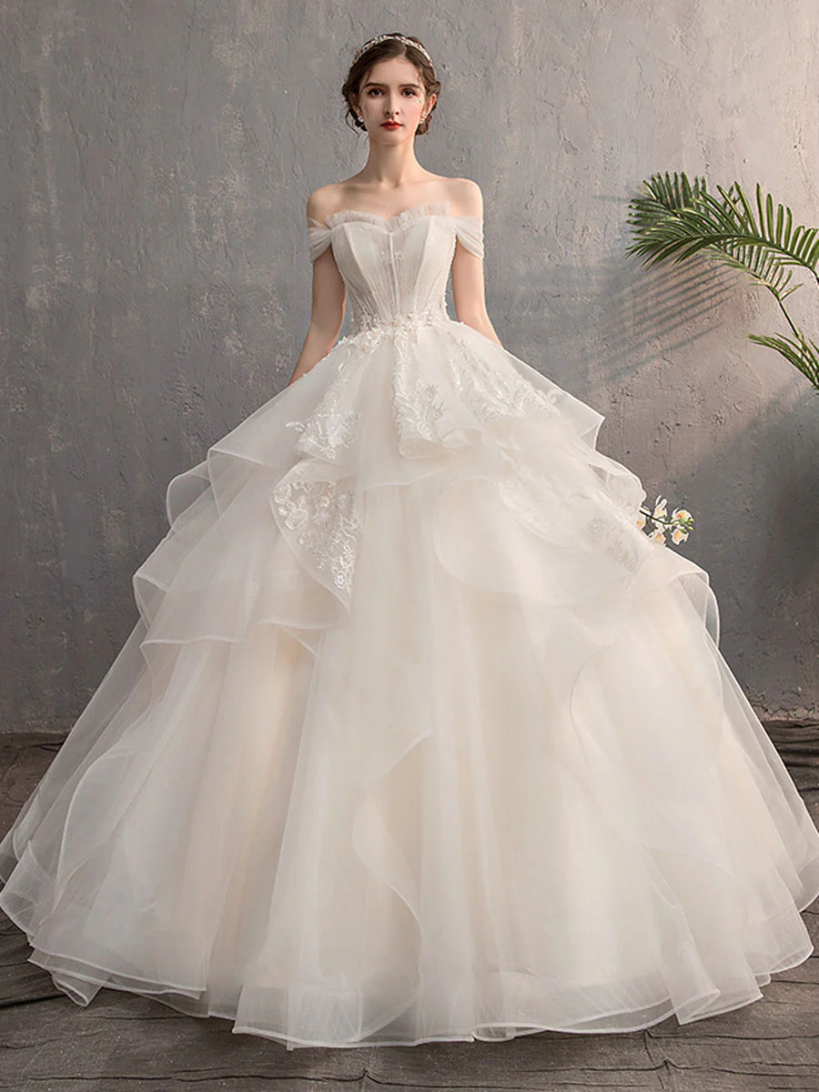 Champagne Sweetheart Neck Lace Long Wedding Dress Off Shoulder Wedding Gown - Deanwangkt
