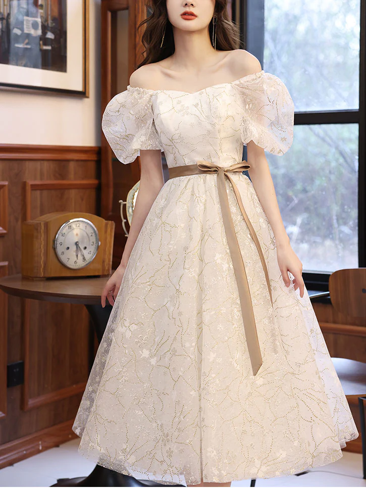 White A-line Lace Tulle Beige Short Prom Dress, Beige Homecoming Dress - Deanwangkt