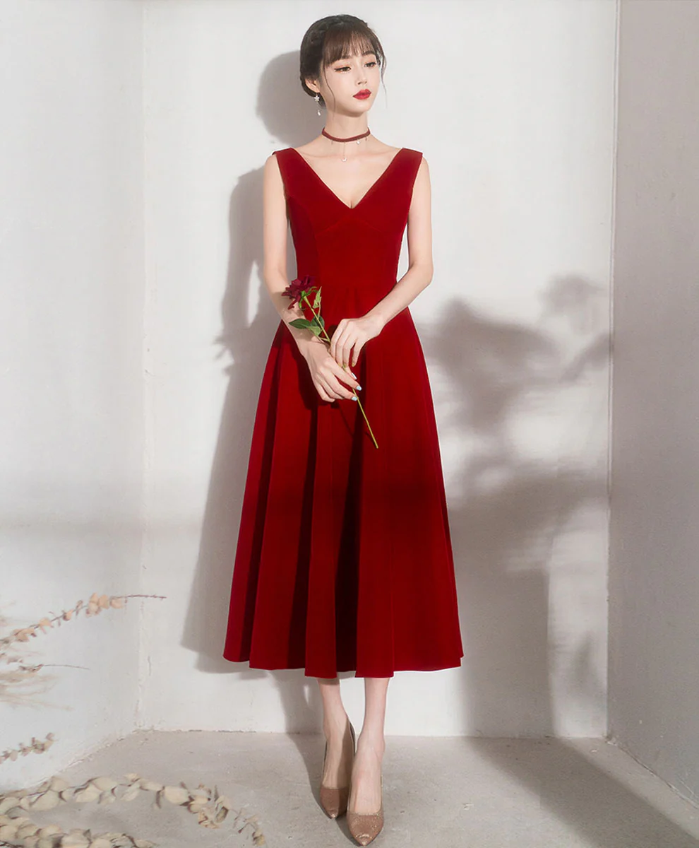 Burgundy V Neck Short Prom Dress, Burgundy Bridesmaid Dress - Deanwangkt