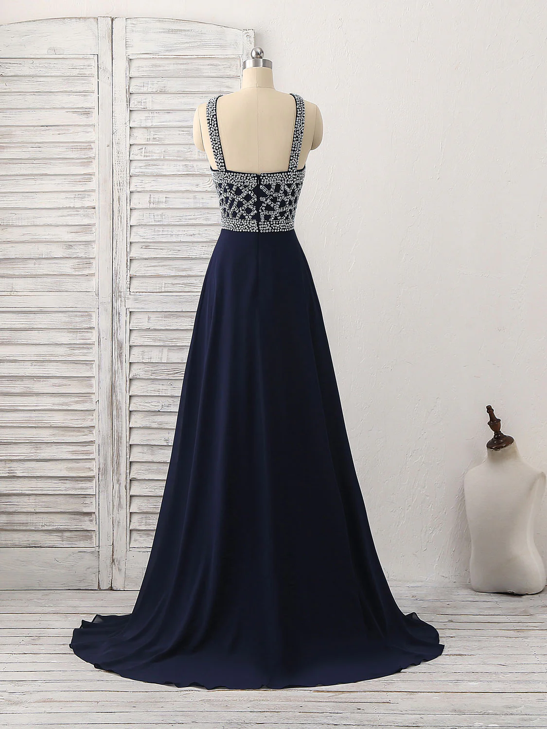 Dark Blue Chiffon Beads Long Prom Dress, Blue Evening Dress - Deanwangkt