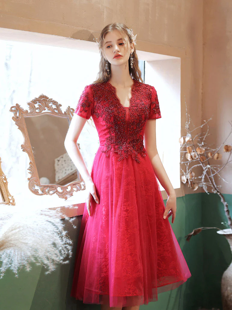 Burgundy V Neck Tulle Lace Beads Short Prom Dress, Burgundy Homecoming Dress - Deanwangkt