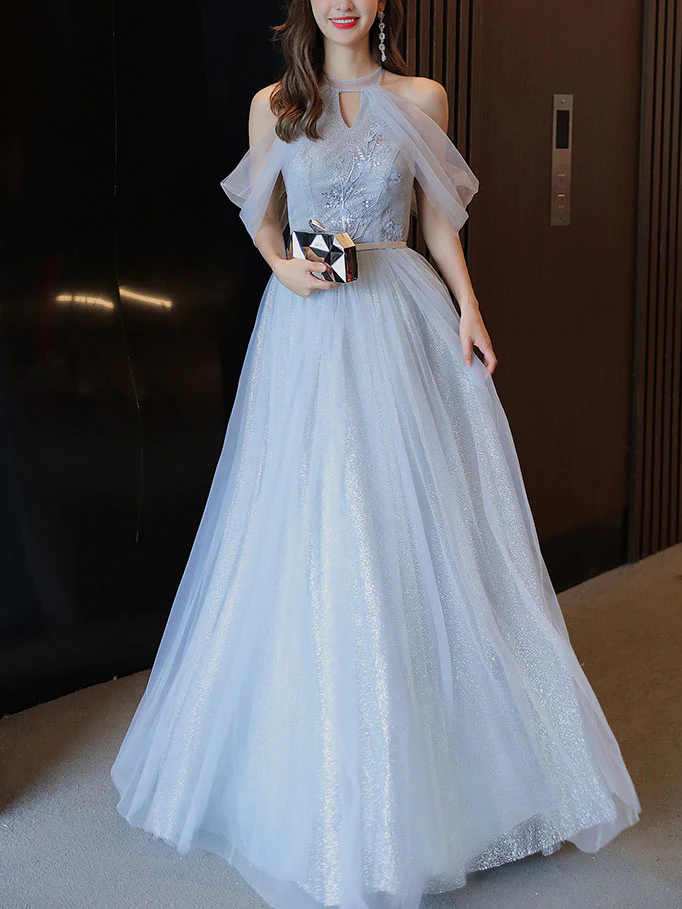 Simple Light Blue Tulle Lace Long Prom Dress, Lace Long Bridesmaid Dress - Deanwangkt