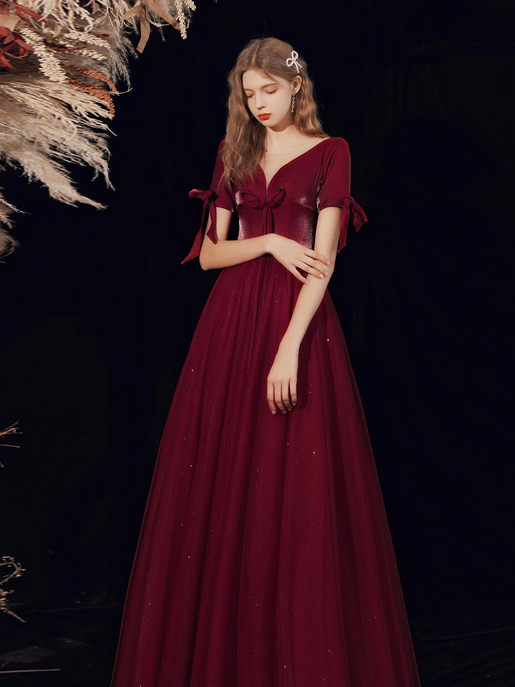 Burgundy A-line V Neck Tulle Long Prom Dress Burgundy Evening Dress - Deanwangkt