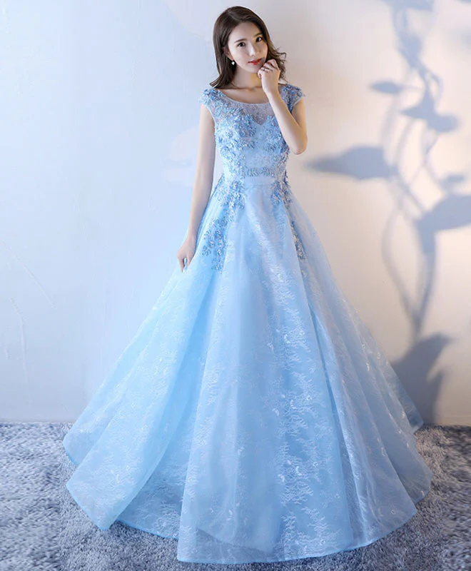 Light Blue Lace Tulle Long Prom Dress, Lace Evening Dress - Deanwangkt