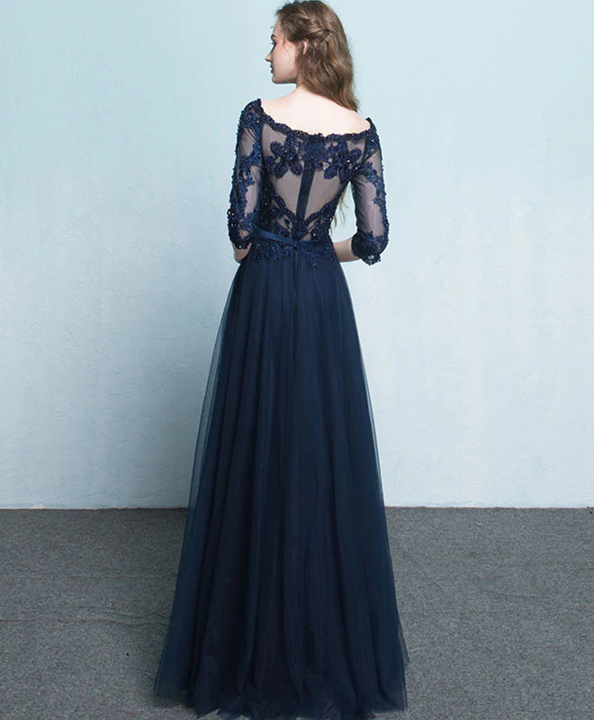 Dark Blue Lace Long Prom Dress, Long Sleeve Evening Dress - Deanwangkt